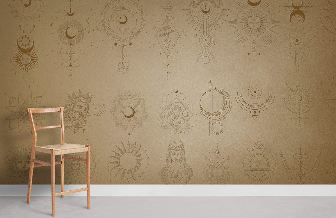 Vintage celestial mural wallpaper with gold sun and moon patterns, wooden chair, beige wall backdrop.