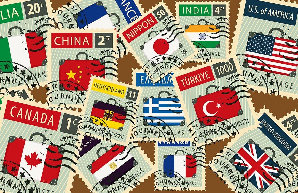 Vintage World Travel Stamps Mural Wallpaper - Colourful International Adventure Decor