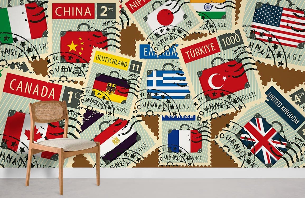 Vintage World Travel Stamps Mural Wallpaper, colourful decor, minimalist chair, light grey flooring.