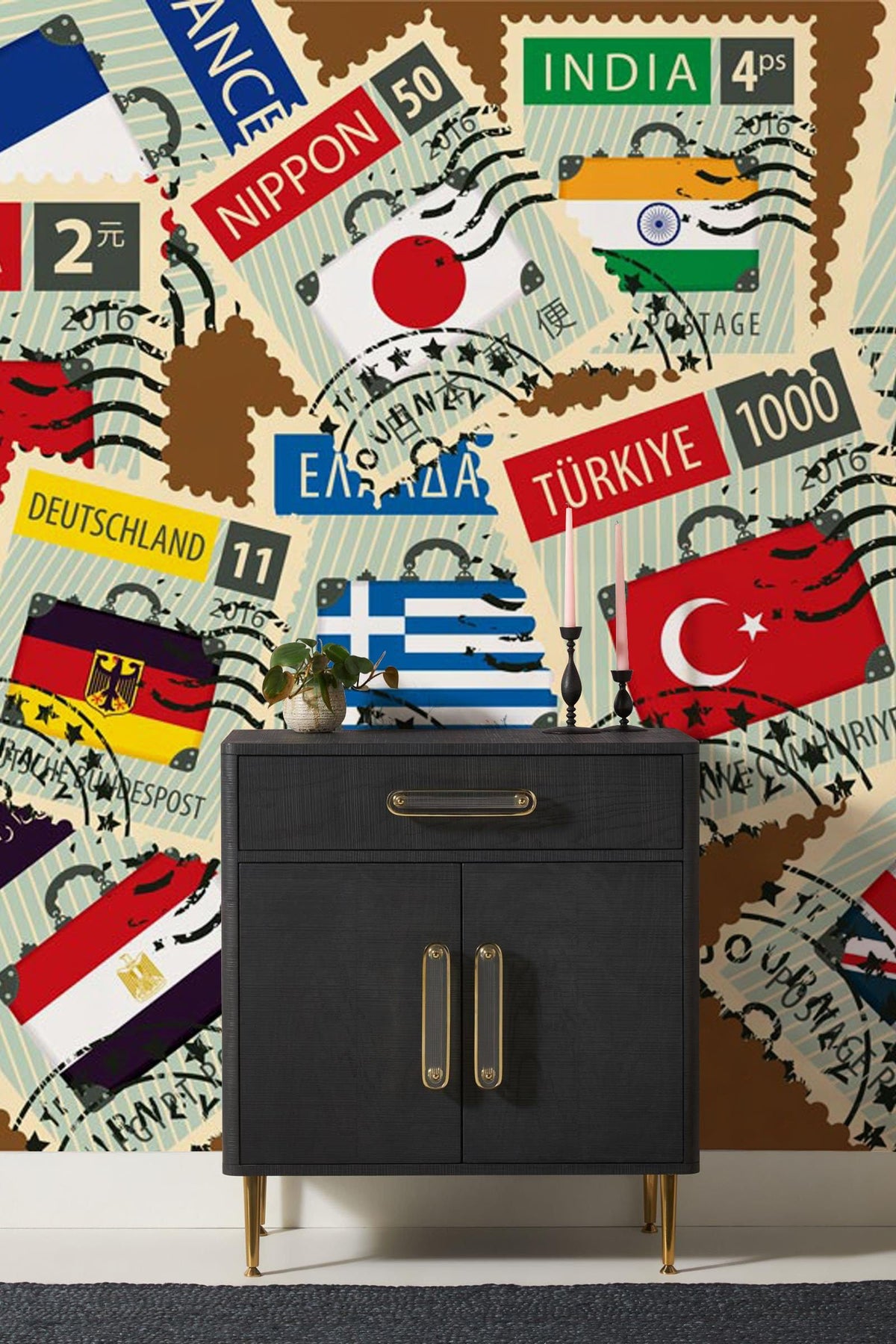 Vintage World Travel Stamps Mural Wallpaper; colourful decor, black cabinet, white skirting, grey carpet.