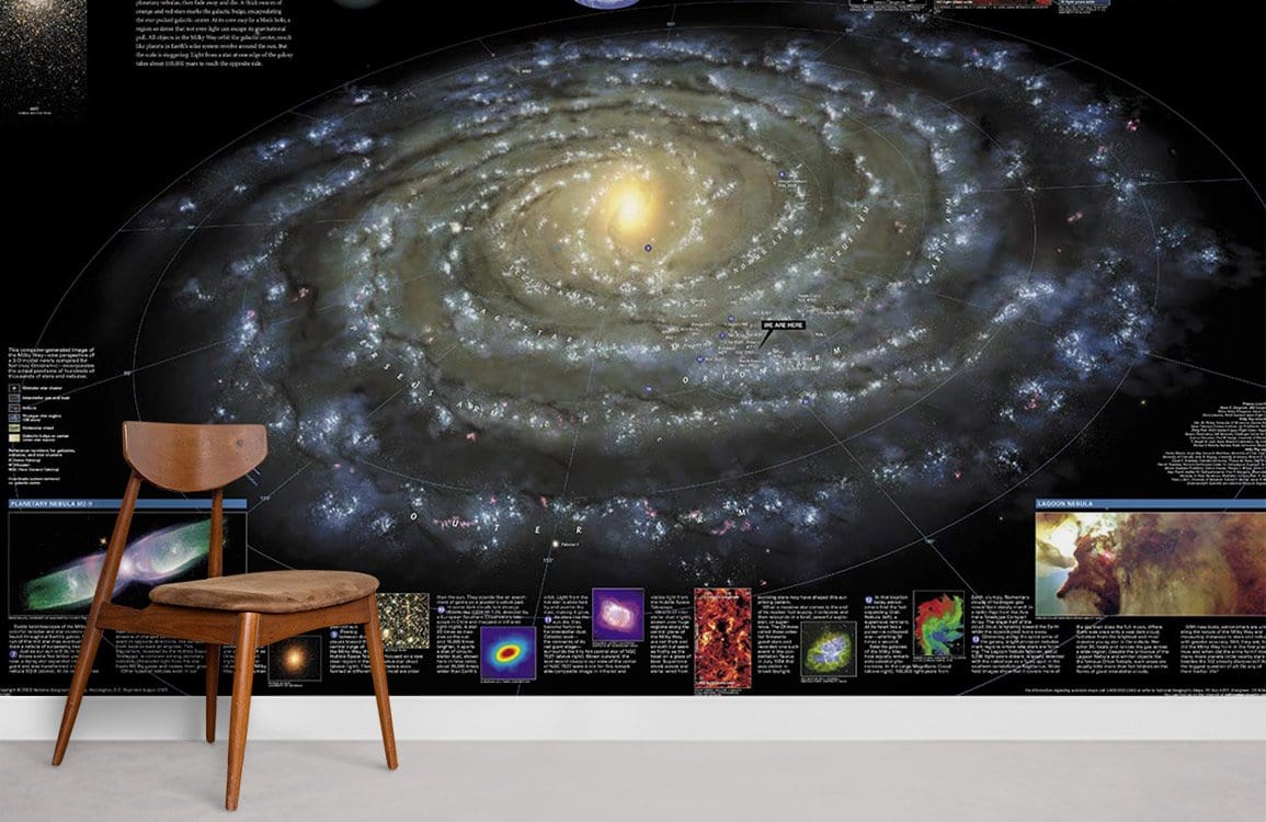 Celestial Galaxy Mural Wallpaper with cosmic swirls, wooden chair, light flooring in a modern room.