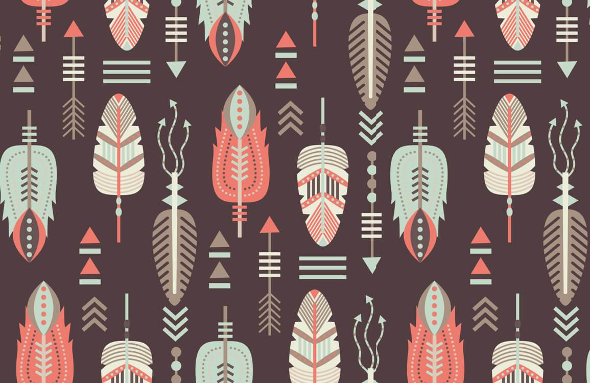 Retro Tribal Feather Pattern Wallpaper in Earthy Tones and Pastels