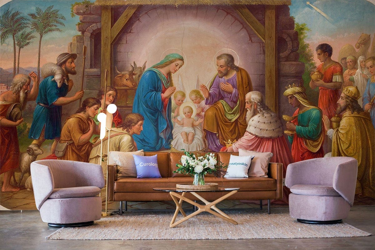 Vintage Nativity Scene Mural Wallpaper; classic art decor with brown sofa, pink chairs, modern rug.