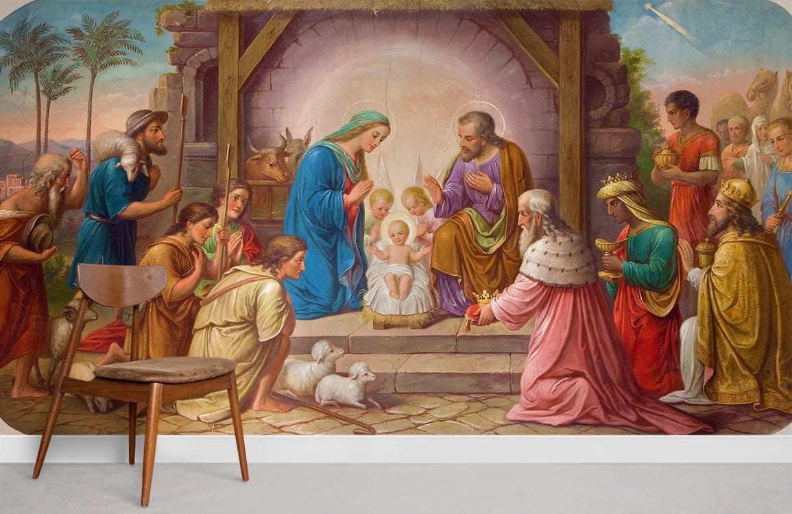 Vintage Nativity Scene Mural Wallpaper in living room with wooden chair, classic religious decor design.