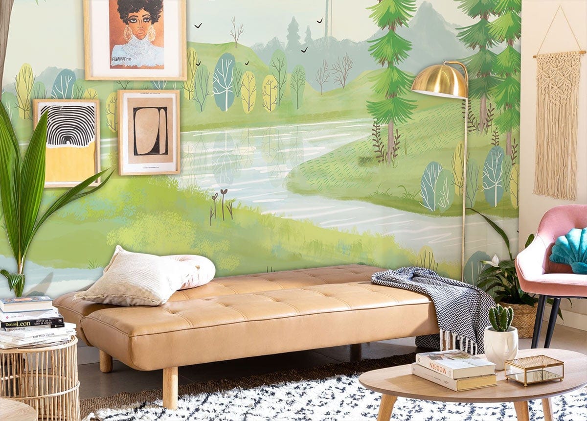 Serene Pastoral Landscape Mural Wallpaper in living room with tan daybed, artwork, and modern decor.
