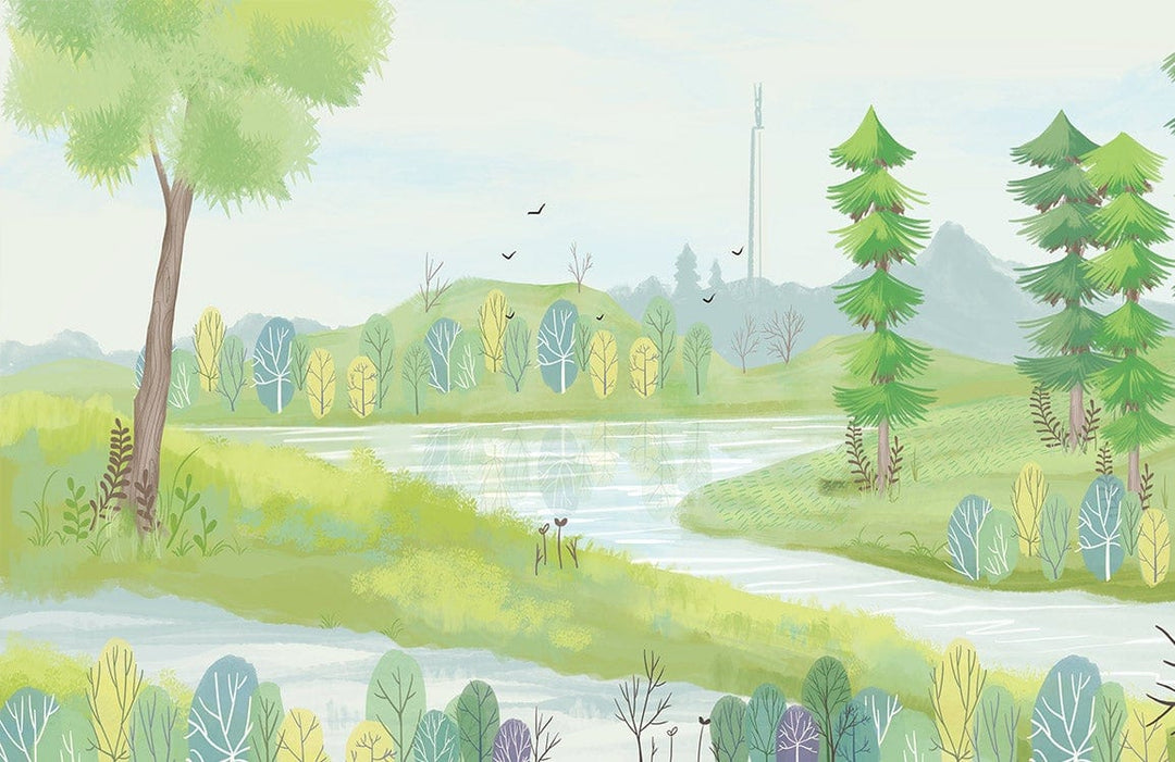 Serene Pastoral Landscape Mural Wallpaper: Green and Blue Nature Escape Design