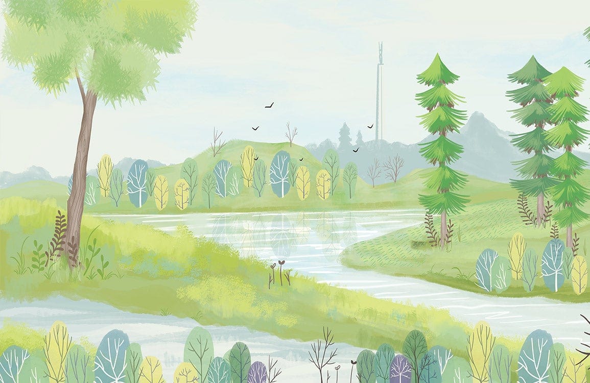 Serene Pastoral Landscape Mural Wallpaper: Green and Blue Nature Escape Design