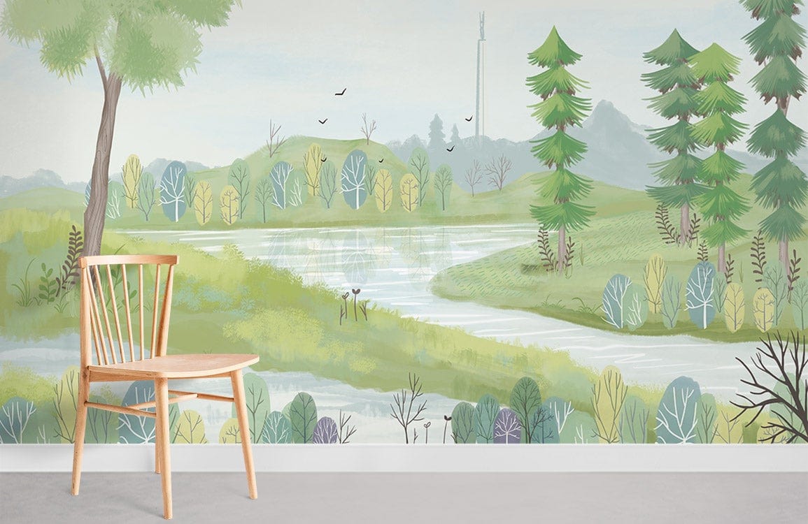 Serene Pastoral Landscape Mural Wallpaper in nature-themed room, light wooden chair, grey flooring.