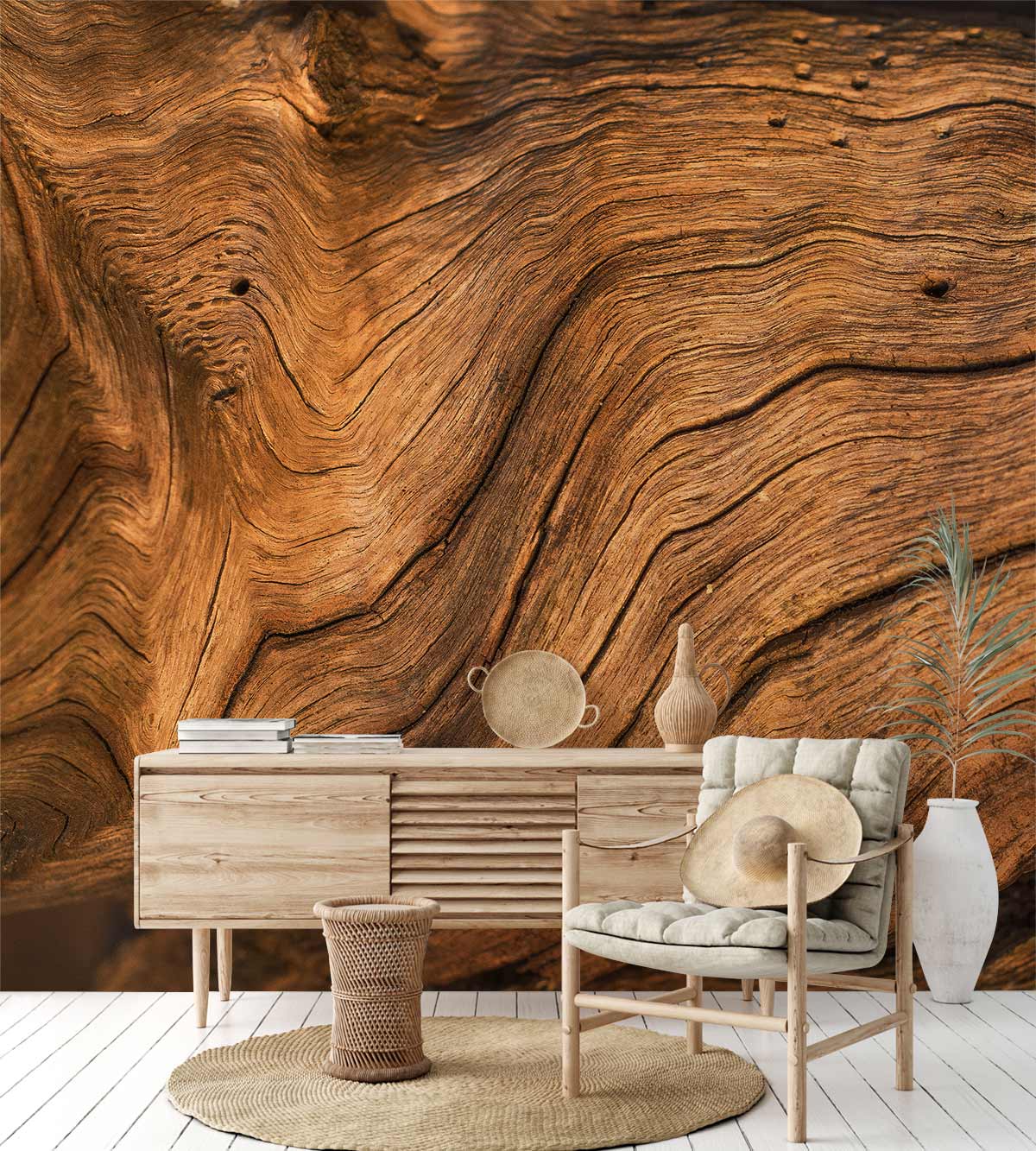 Elegant rustic wooden texture wallpaper, natural earthy tones; features light wooden chair, cabinet, rug.