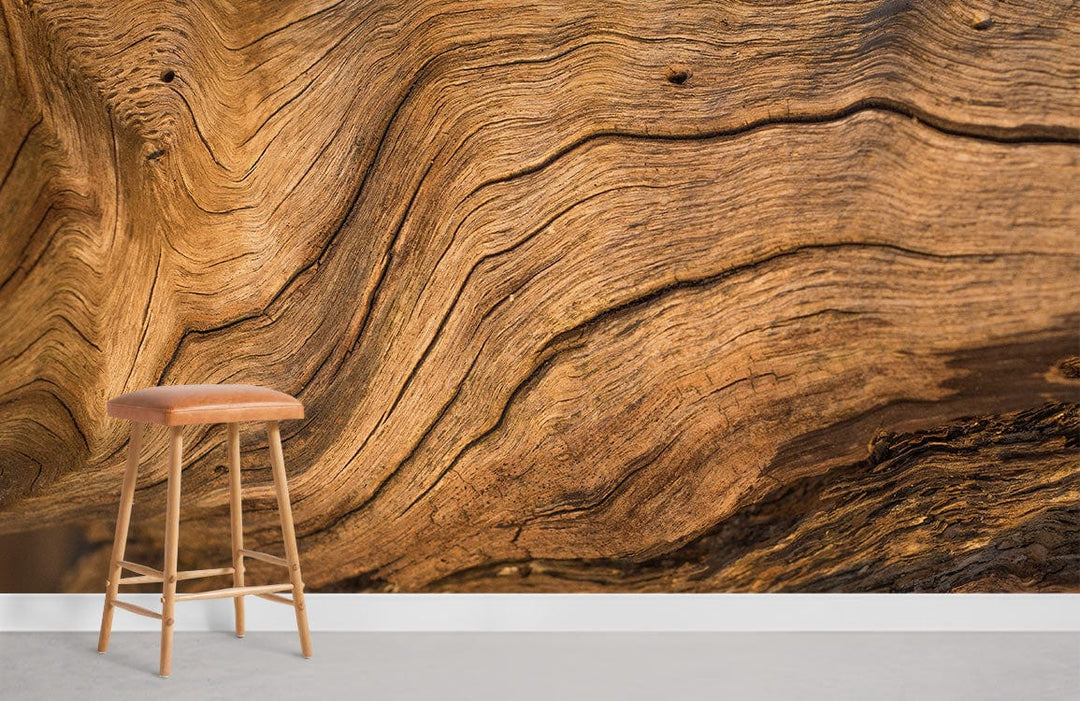 Elegant Rustic Wooden Texture Wallpaper Mural with stool, earthy tones in minimalist room setting.