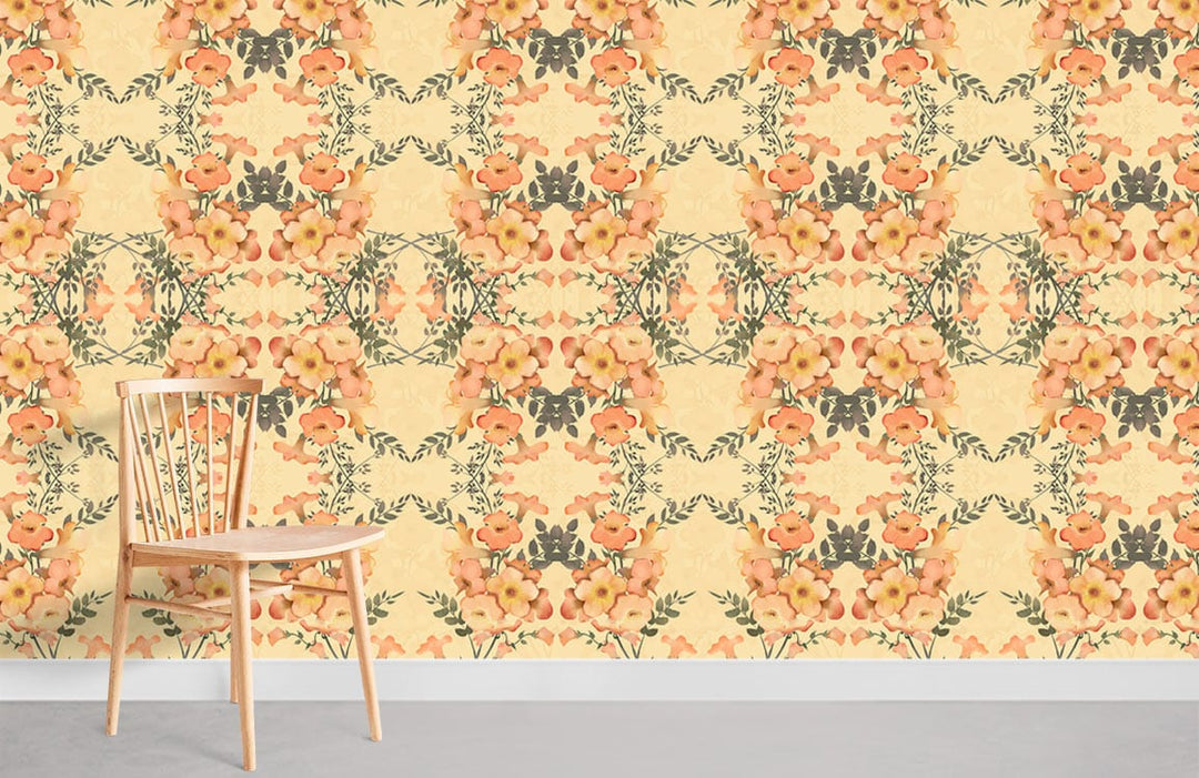 Vintage floral yellow and orange patterned wallpaper with wooden chair on light grey floor in room.