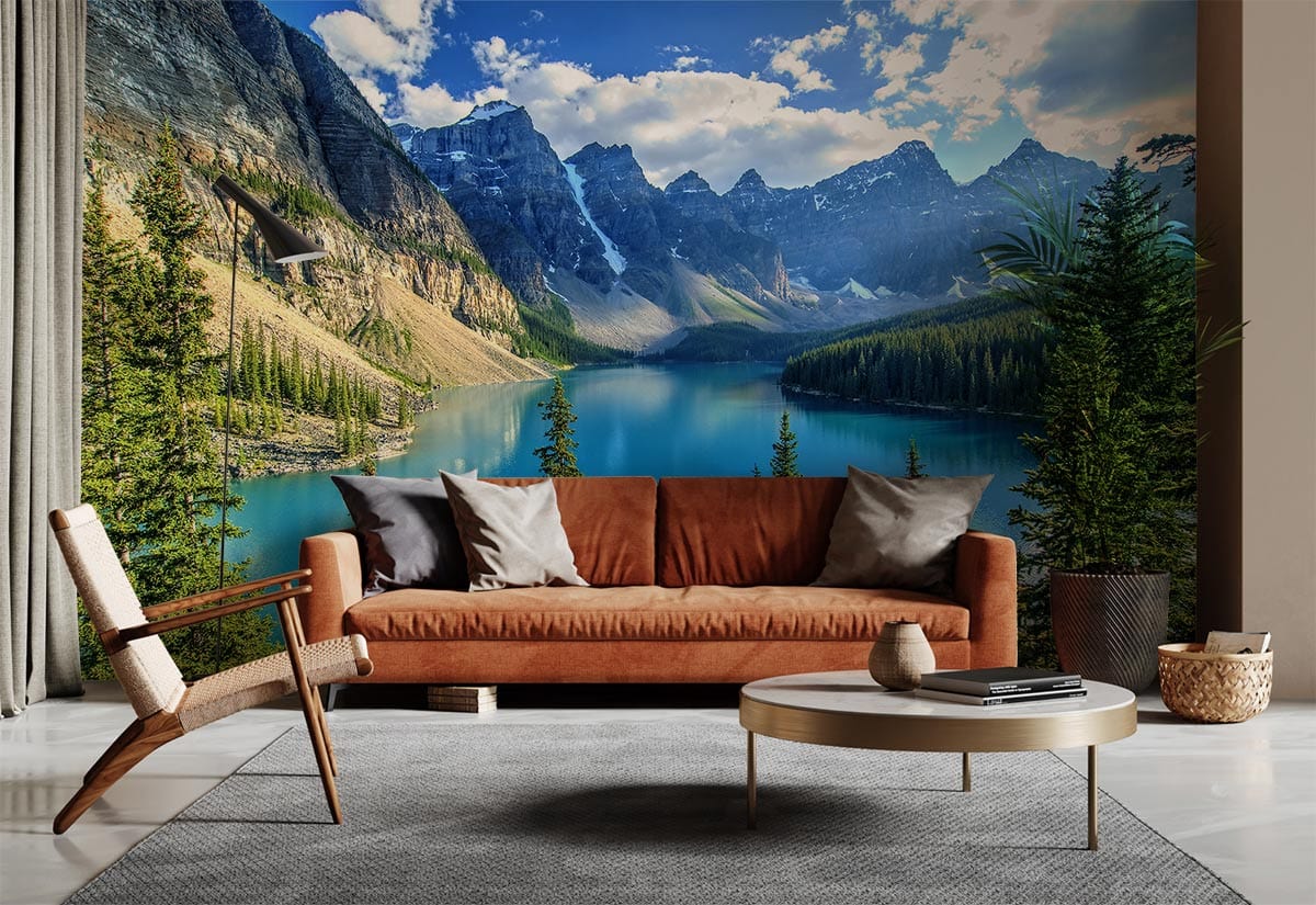 Majestic Mountain Lake Wallpaper Mural with terracotta sofa, modern lounge chair, grey rug in living room.