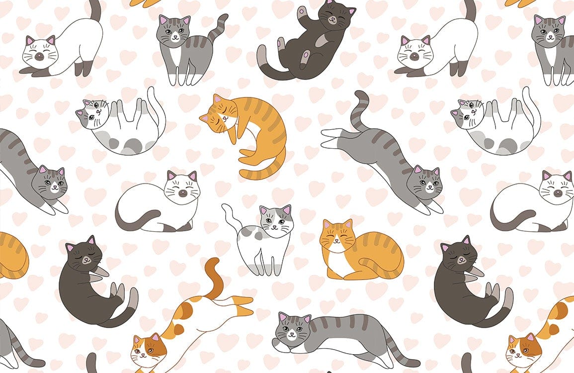 Charming Cats Heart Pattern Wallpaper - Cartoon Style in Soft Hues