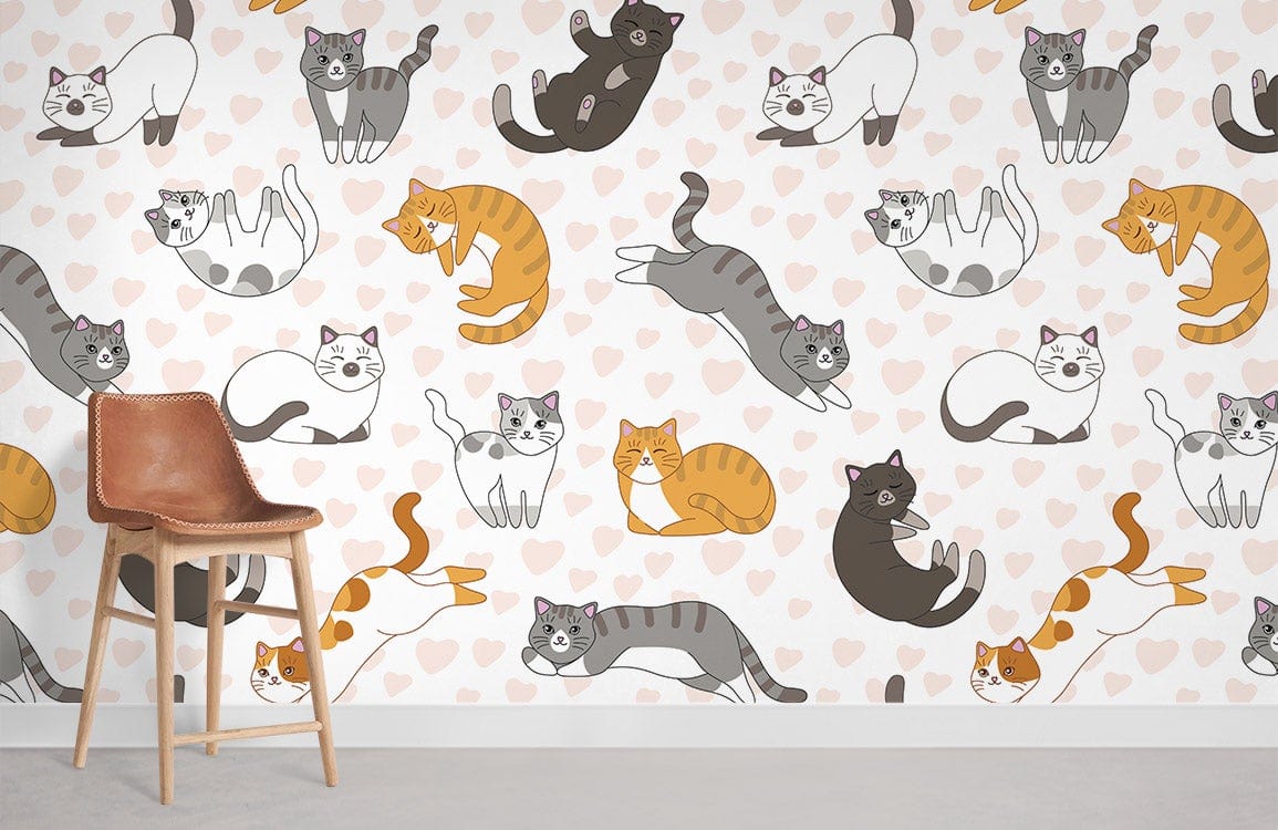Charming Cats Heart Pattern Wallpaper in cartoon style, soft hues; brown chair, light flooring.