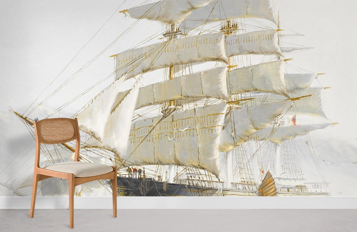 Vintage Maritime Adventure wallpaper mural featuring sailing ships, wooden chair, light grey flooring, white walls.