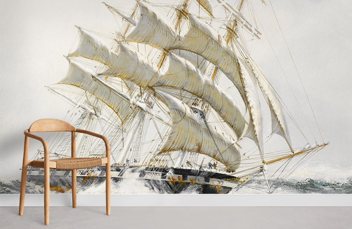 Vintage Nautical Sailing Ship Wallpaper in Subtle Sea Tones; wooden chair, light flooring, serene room.