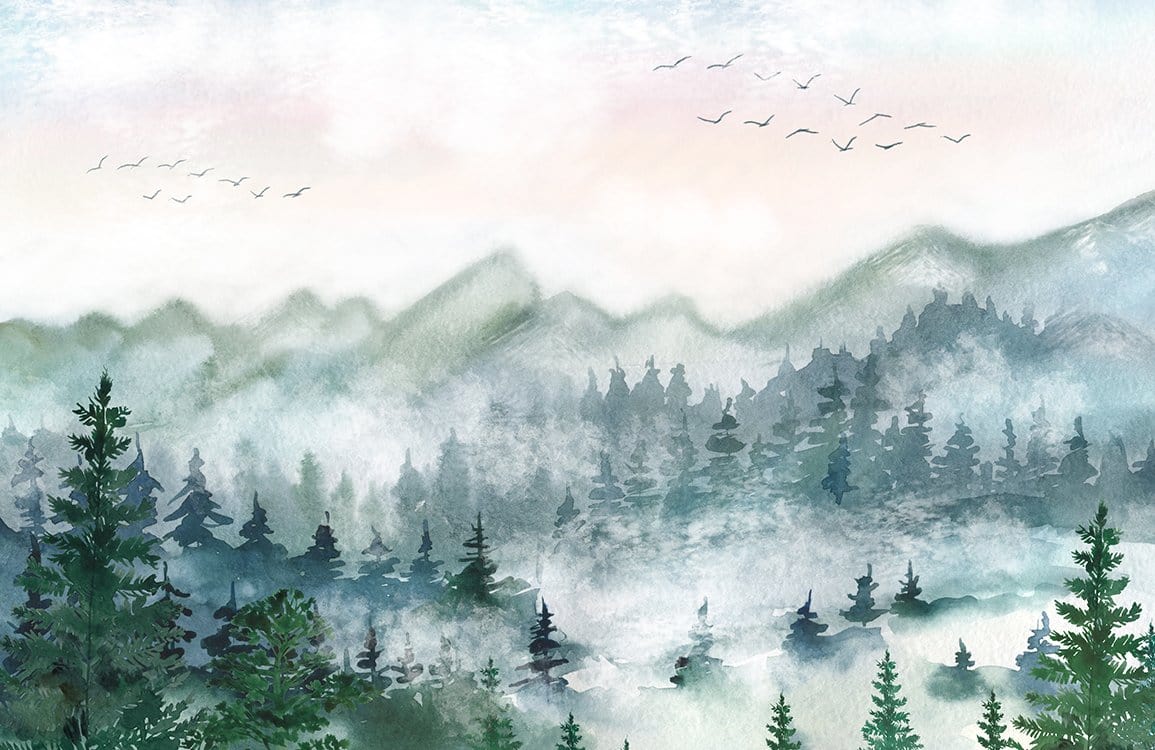 Mystical Misty Mountain Forest Watercolour Mural Wallpaper in Serene Green Hues