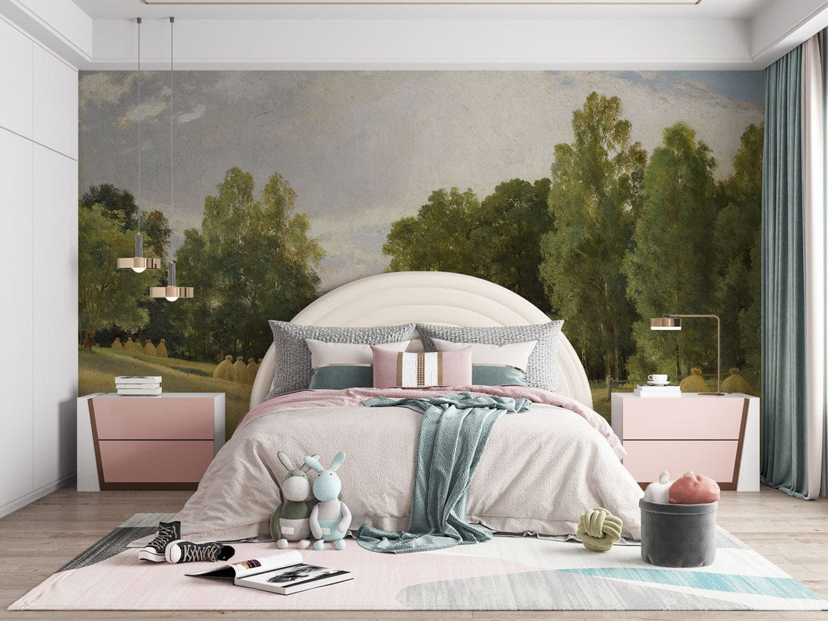 Serene countryside wallpaper decorates modern bedroom with soft earthy tones, featuring pink bedside tables.