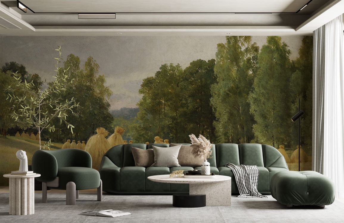 Green sofa set with Serene Countryside Landscape Mural Wallpaper, soft earthy tones, grey carpet flooring.