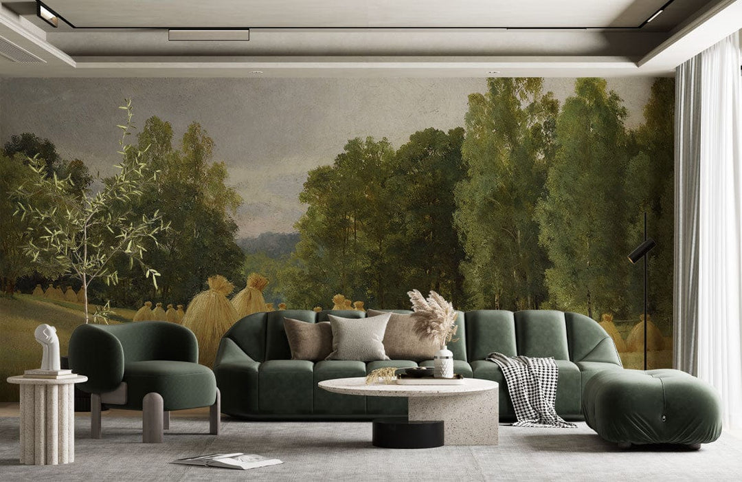 Green sofa set with Serene Countryside Landscape Mural Wallpaper, soft earthy tones, grey carpet flooring.