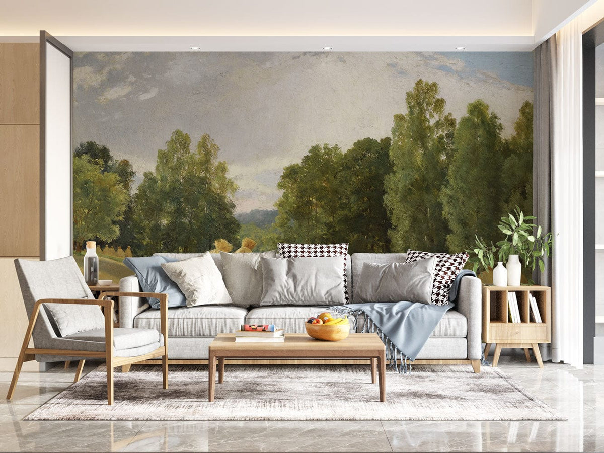 Alt text: Serene Countryside Landscape Mural in living room, grey sofa, marble flooring, minimalist decor.