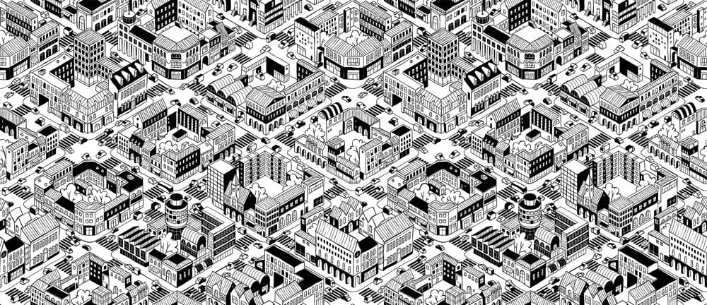 Black and White Isometric Cityscape Patterned Wallpaper - Urban Modern Design