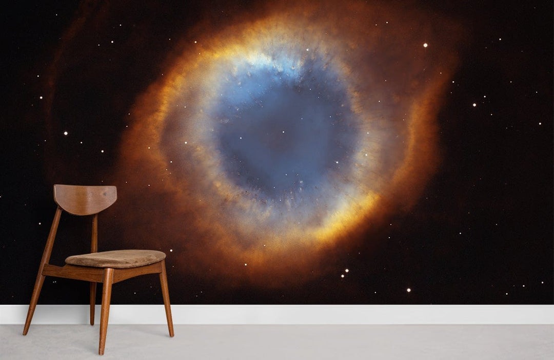 Cosmic Nebula Blue and Orange Mural Wallpaper, modern chair, light floor; stylish interior design.