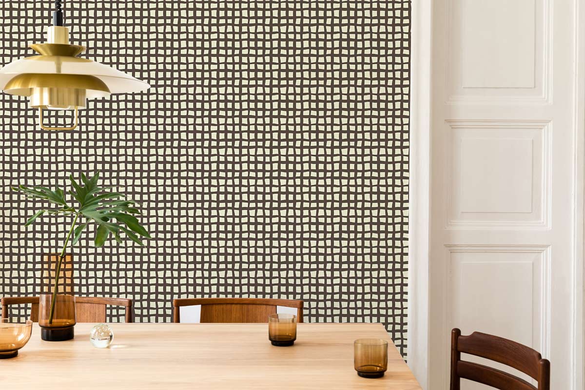 Vintage Ivory and Black Grid Wallpaper, dining room with wooden table, chairs, and brass pendant light.