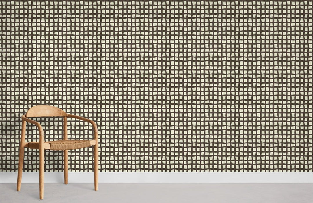 Vintage ivory and black grid wallpaper, modern chair, grey flooring, perfect for stylish interiors.