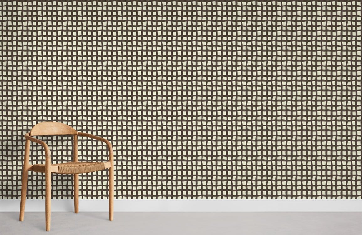Vintage ivory and black grid wallpaper, modern chair, grey flooring, perfect for stylish interiors.
