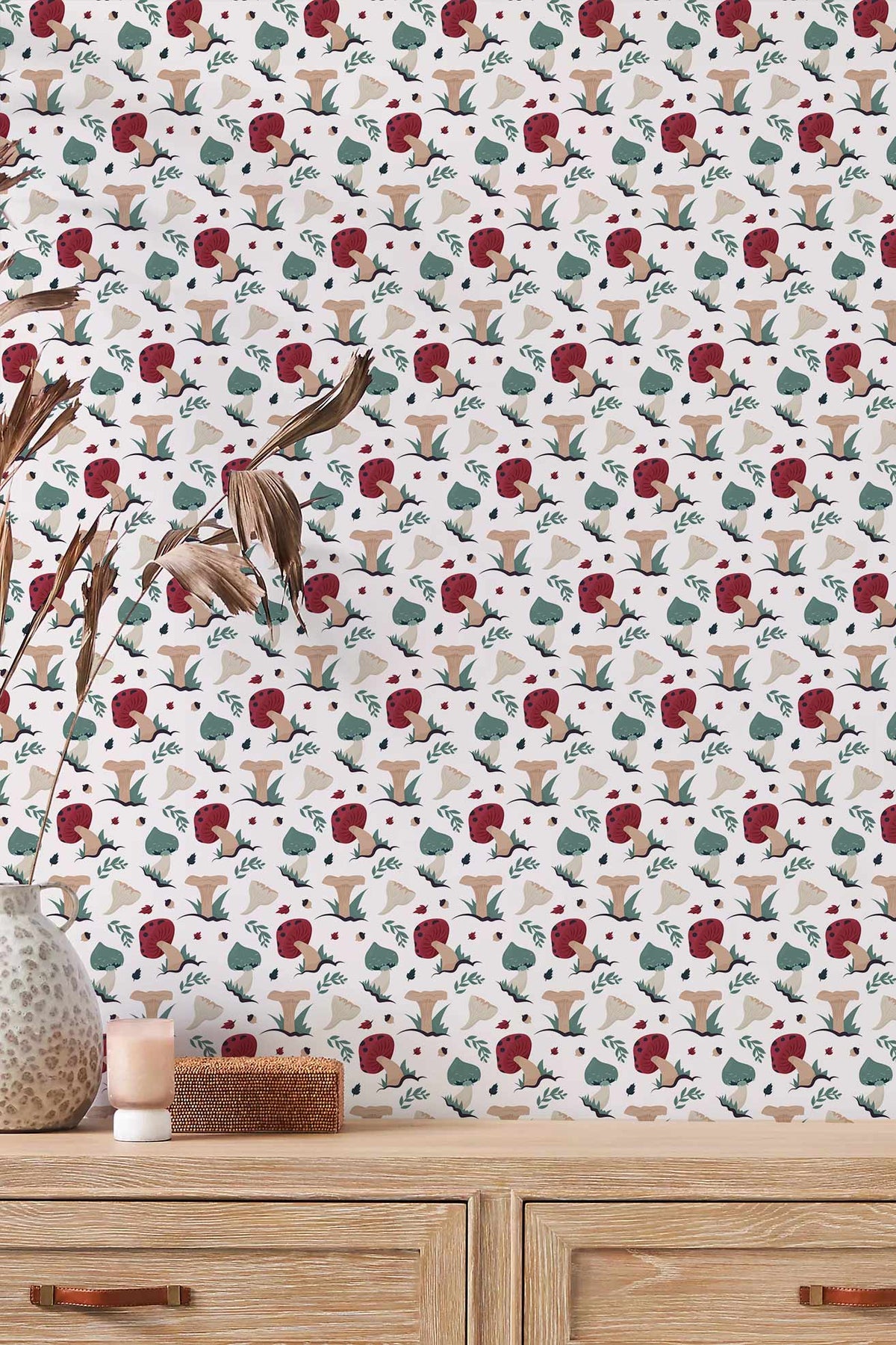 Whimsical Animal Forest Pattern Wallpaper, muted rustic colours, wooden chest, charming decor.