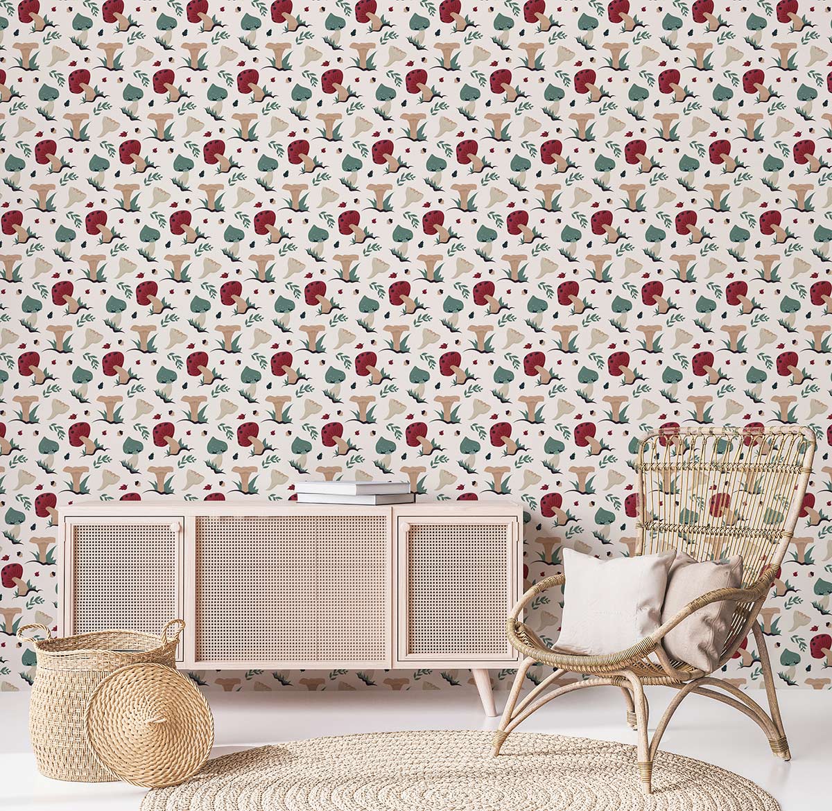 Whimsical Animal Forest Pattern Wallpaper in muted colours; rustic wicker chair; light rug; sideboard.