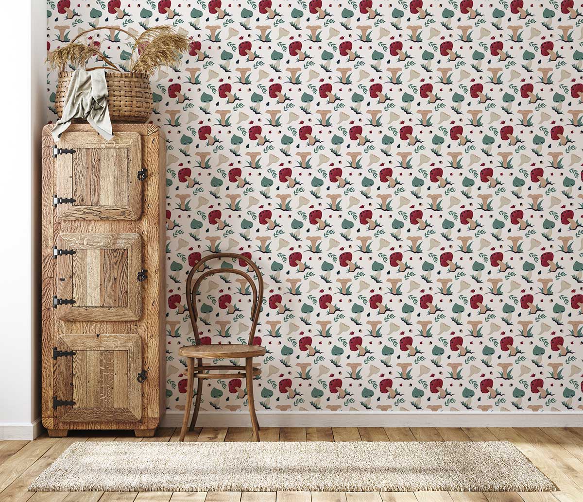 Whimsical wallpaper with animals, rustic cabinet, vintage chair, wooden flooring in cosy room setting.
