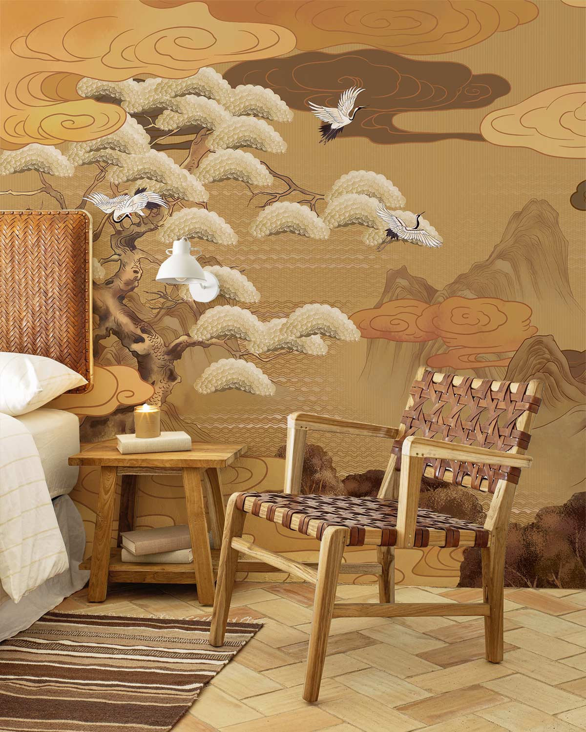 Elegant Oriental crane mural wallpaper, light wooden chair, herringbone flooring, vintage-style bedroom decor.