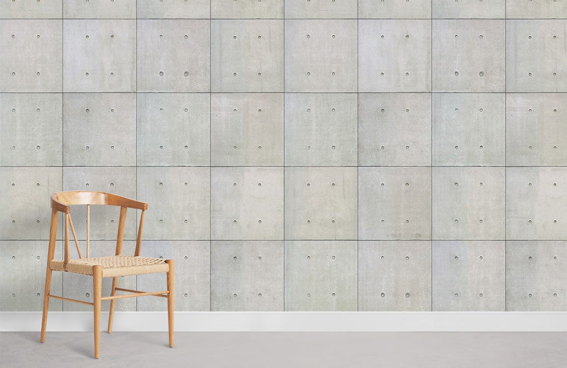 Modern Industrial Grey Concrete Effect Wallpaper with wooden chair, minimalistic decor in contemporary interior.