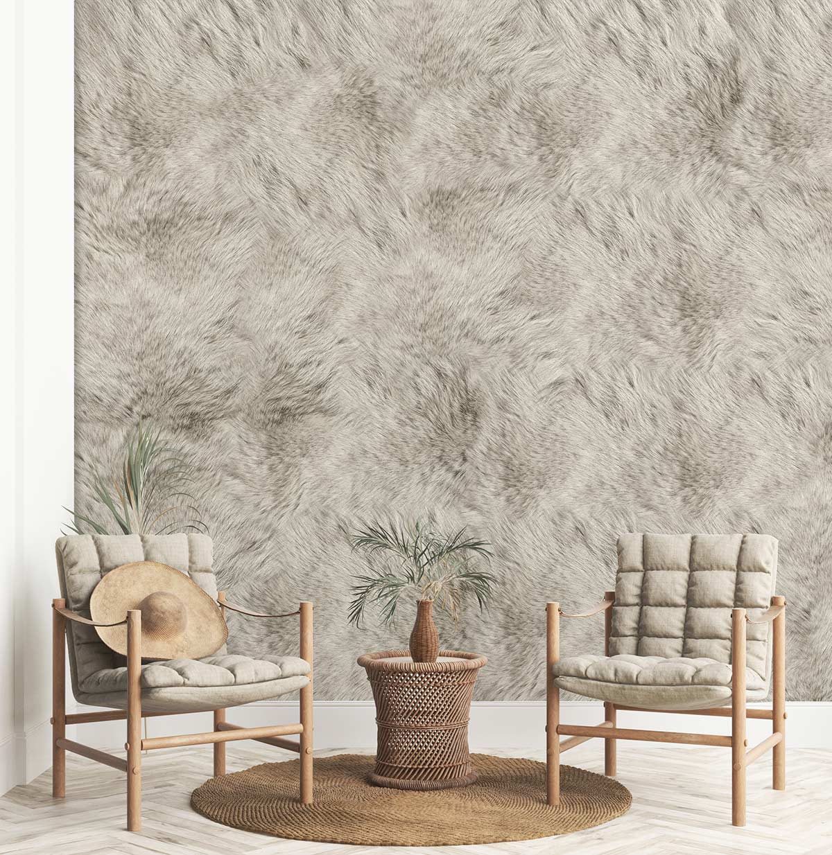 Grey Faux Fur Textured Wallpaper with plush design and beige cushioned chairs on wooden flooring.