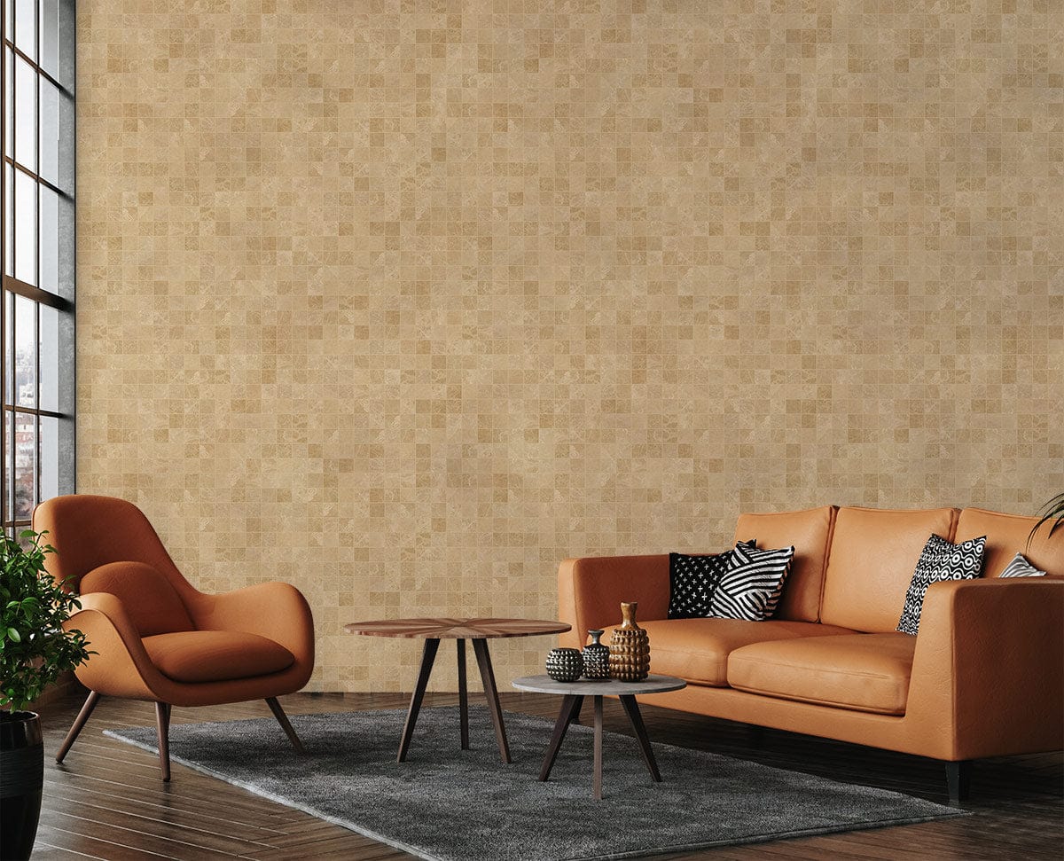 Elegant beige mosaic pattern wallpaper with modern decor, featuring orange sofa, chair, and wood flooring.