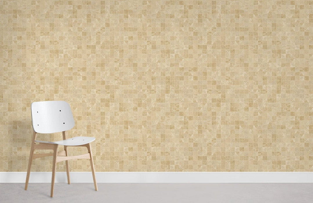 Alt text: Elegant beige mosaic patterned wallpaper, minimalist decor, white chair, light grey flooring, modern interior.