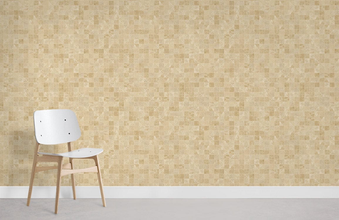 Alt text: Elegant beige mosaic patterned wallpaper, minimalist decor, white chair, light grey flooring, modern interior.