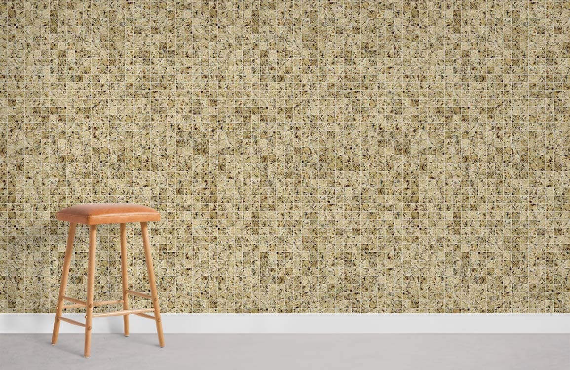 Rustic Beige Mosaic Patterned Wallpaper, elegant home decor, wooden stool, neutral flooring, living room.