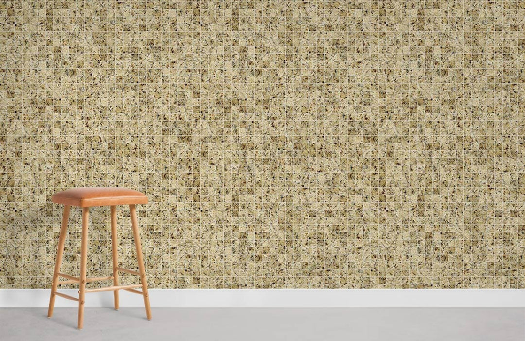 Rustic Beige Mosaic Patterned Wallpaper, elegant home decor, wooden stool, neutral flooring, living room.