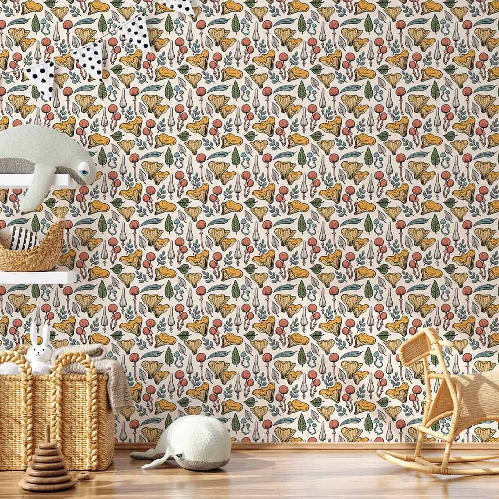 Vintage botanical wallpaper in earthy autumn colours, natural flooring, wicker chair, children's room decor.