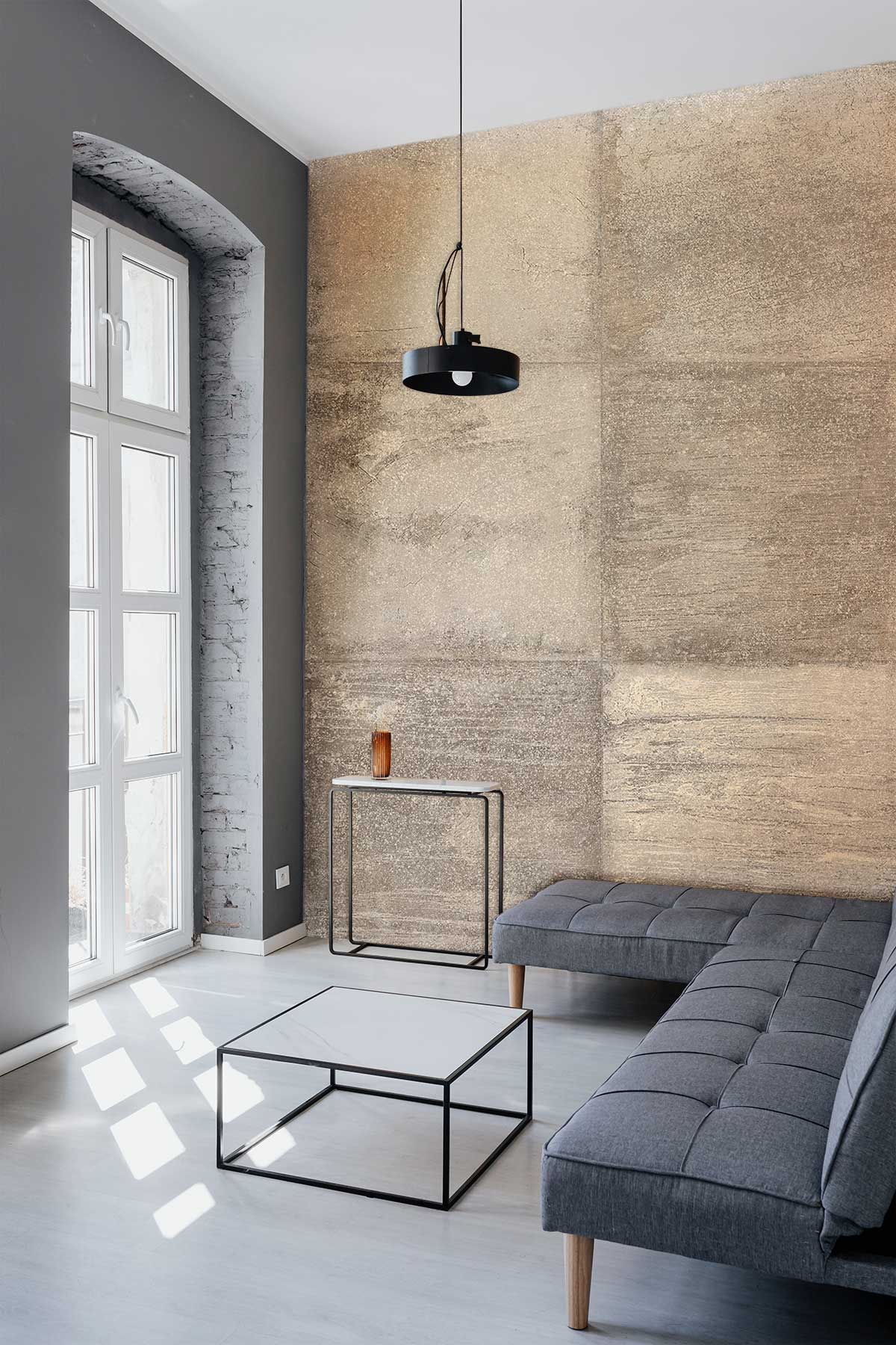 Rustic Grey Patchwork Tile Effect Wallpaper, textured vintage style, with grey sofa and modern decor.