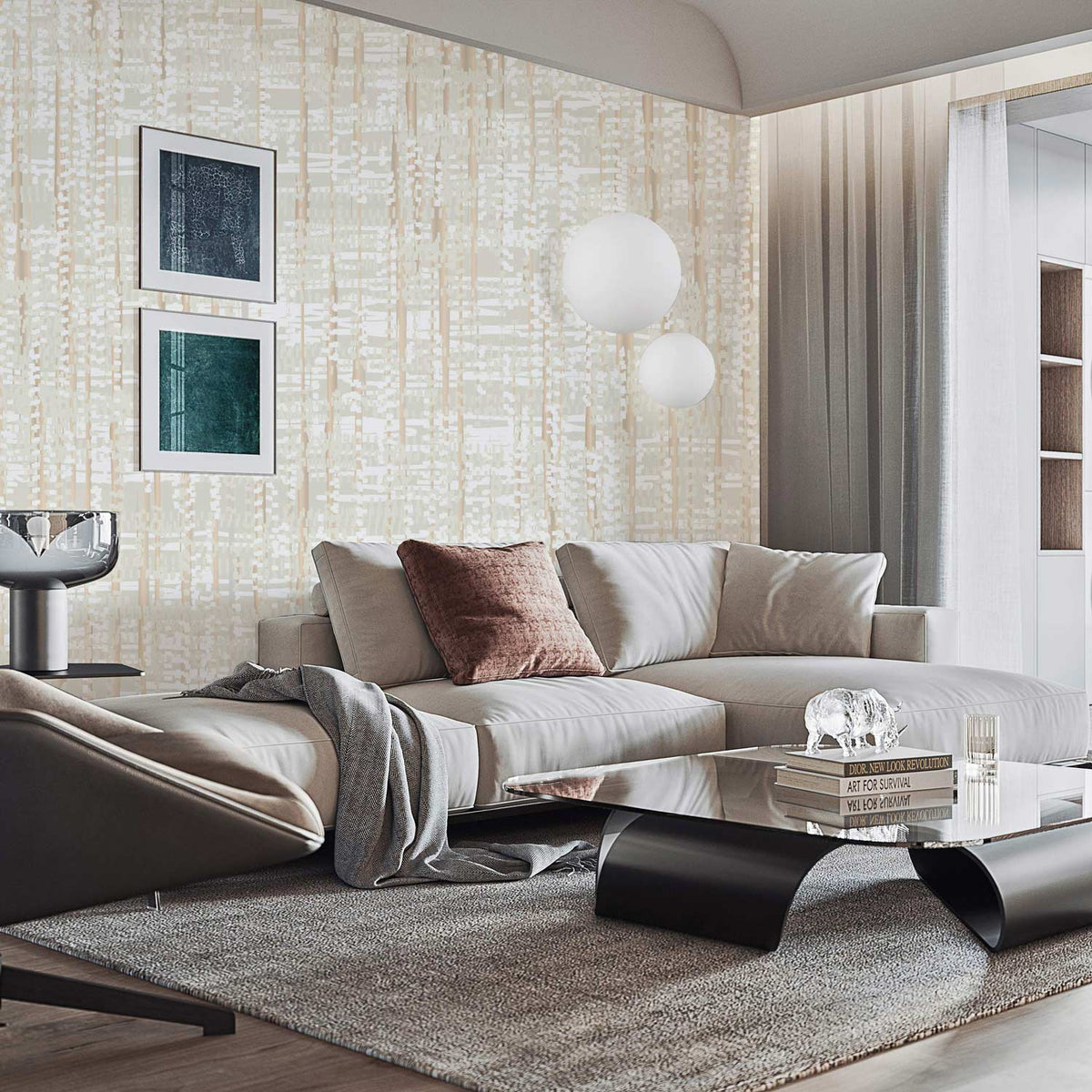 Beige textured linen-effect wallpaper in elegant living room, light grey sectional sofa, modern black table.