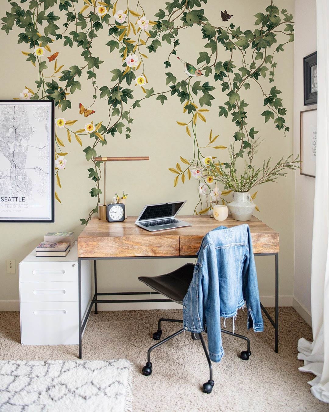 Botanical Garden Vine Mural Wallpaper, desk, chair, cosy home office setting, elegant style.
