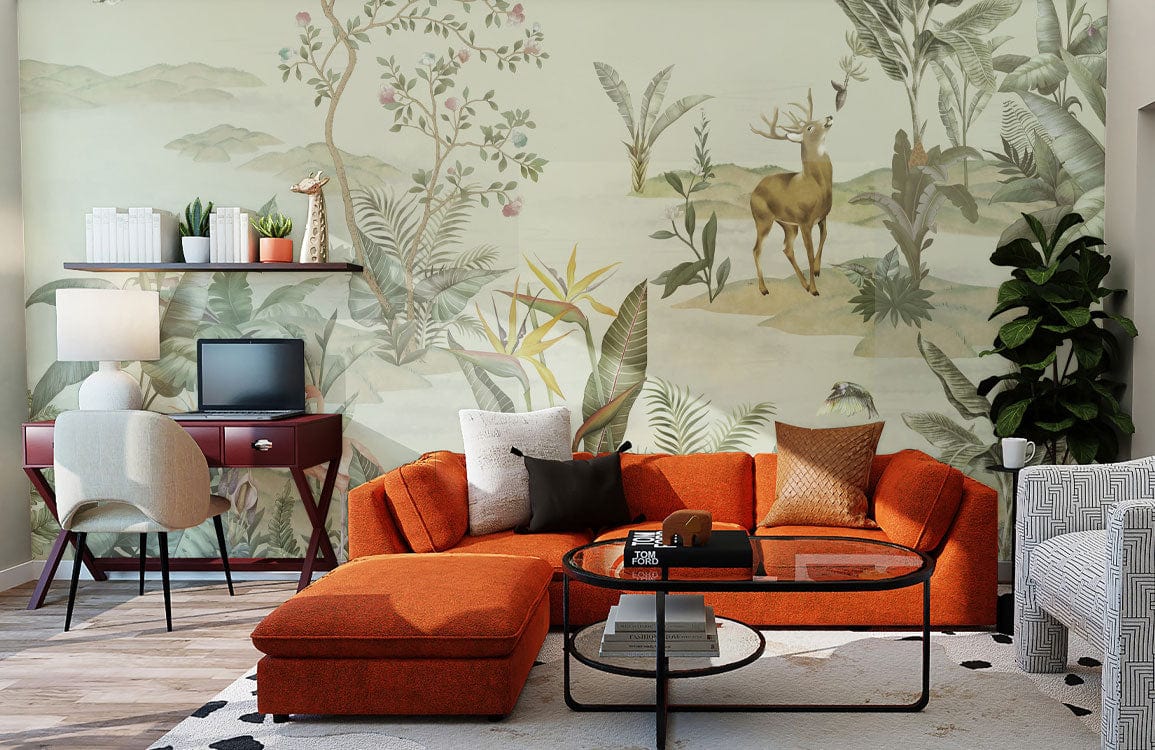 Vintage woodland mural decor, orange sectional sofa, modern desk, neutral rug, stylish living room.