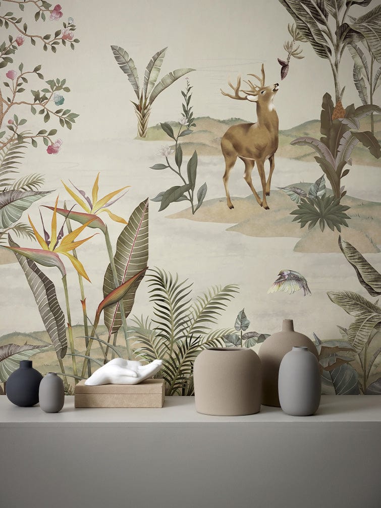 Vintage woodland mural in serene room; elegant vases on a sideboard. Wildlife and greenery theme.