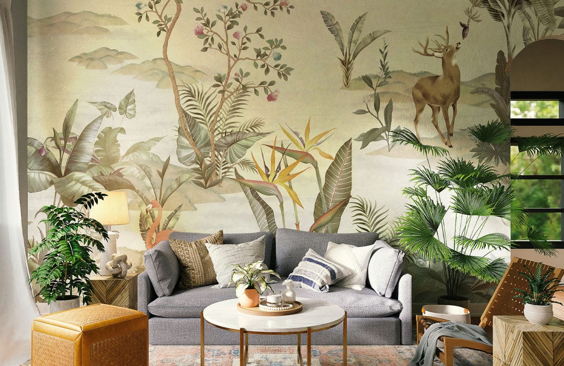 Vintage woodland mural with green wildlife, grey sofa, cosy cushions, round table, rattan decor, living room.
