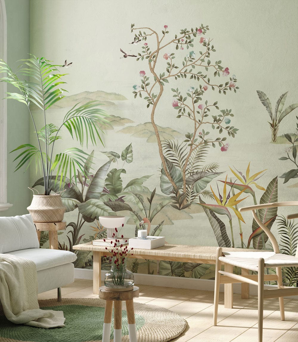 Vintage woodland mural in living room with light green walls, light wood furniture, and beige flooring.
