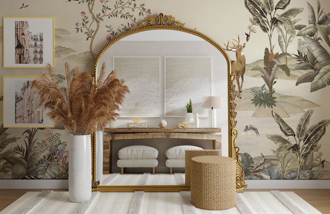 Vintage Woodland Scene mural, golden mirror, beige tones, wooden console table, neutral stools, decorative wall art.